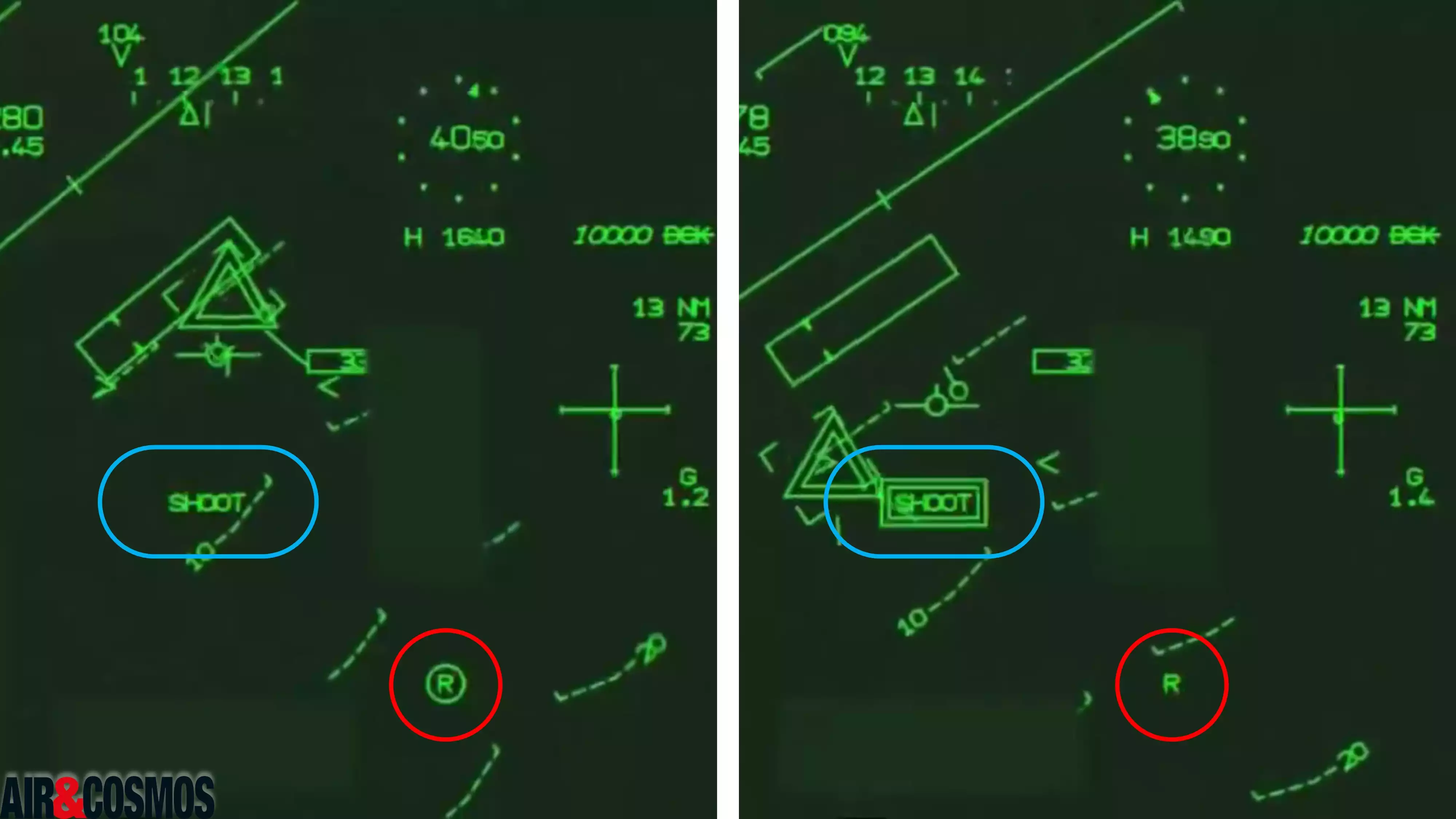 Le tir du missile est confirmé par le double encadré du 'SHOOT', par la disparition du cercle autour du R et puis la disparition du R.