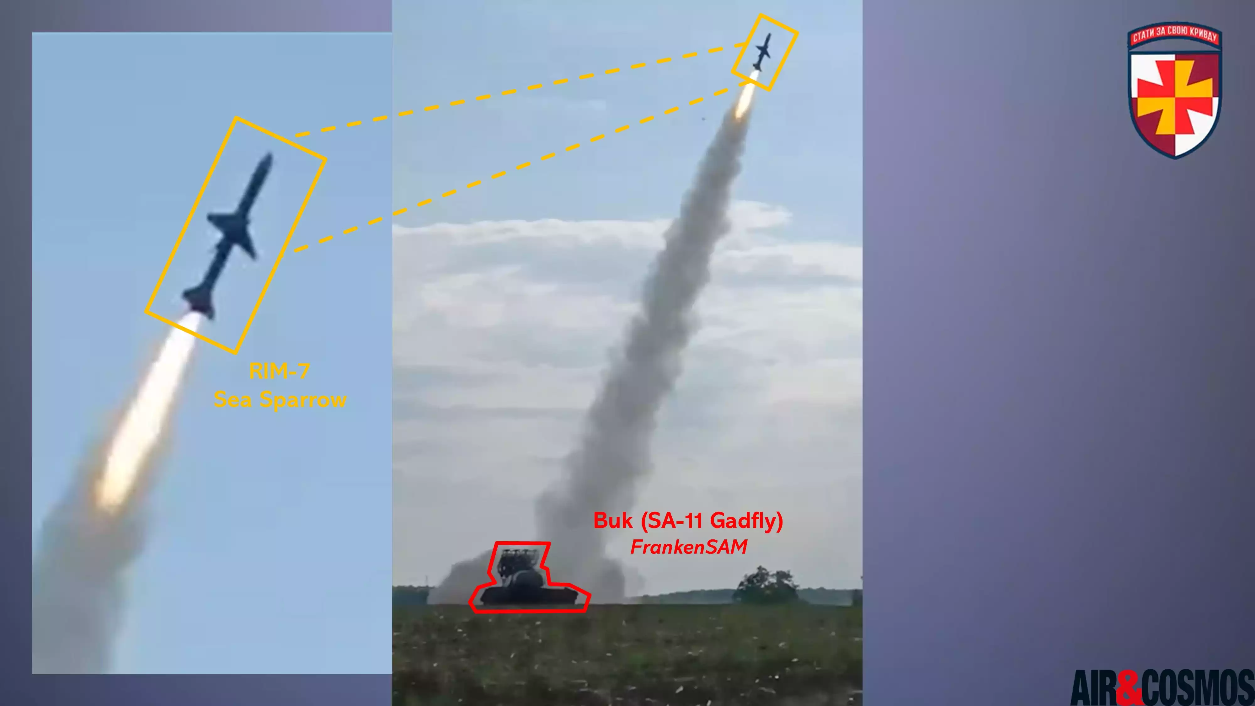 Tir d'un missile Sea Sparrow par un système antiaérien Buk ukrainien modifié en FrankenSAM (20 novembre 2025).