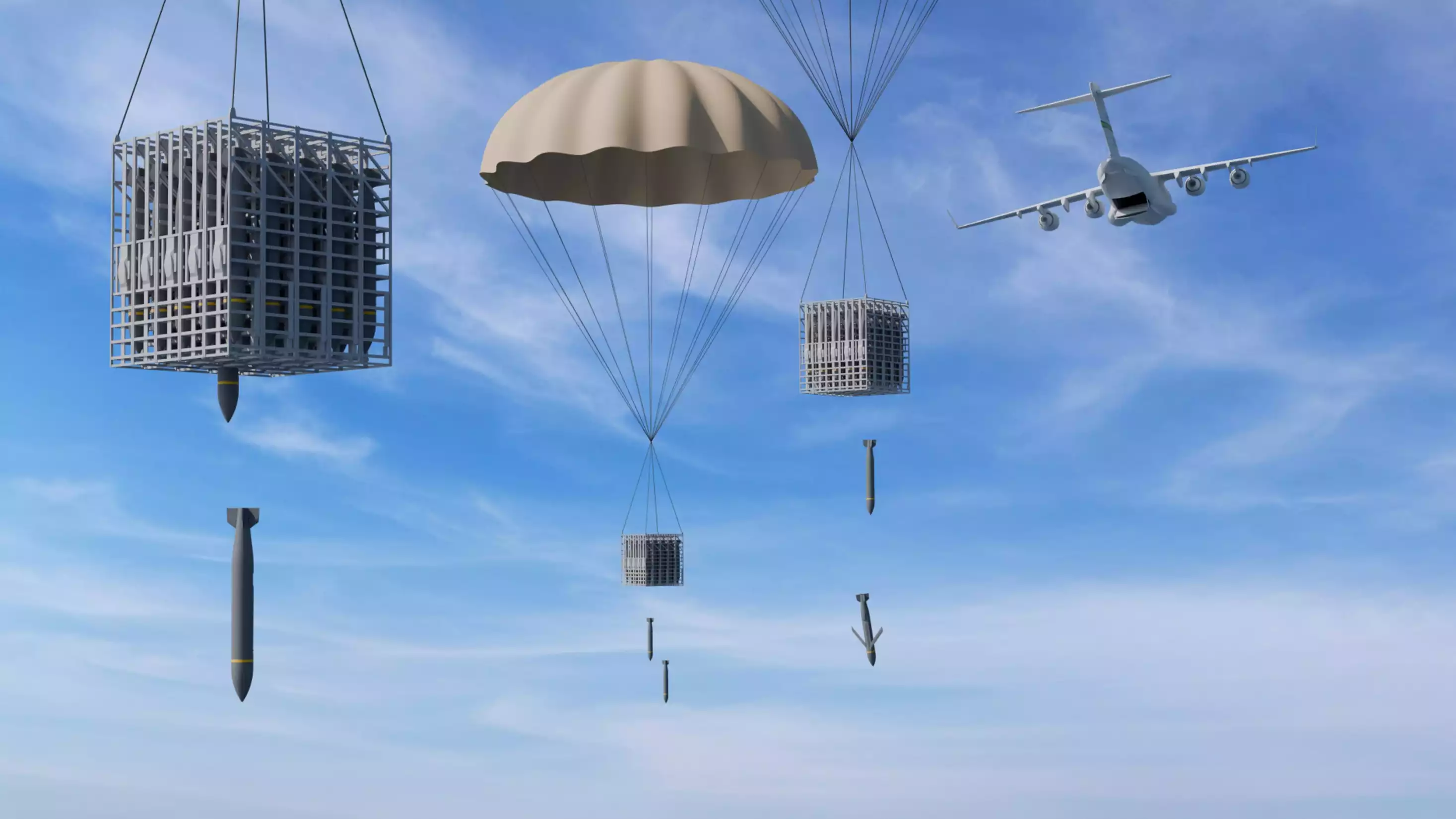 Représentation du largage de missiles de croisière low cost RAACM depuis un avion de transport C-17A Globemaster III grâce à des modules Rapid Dragon.